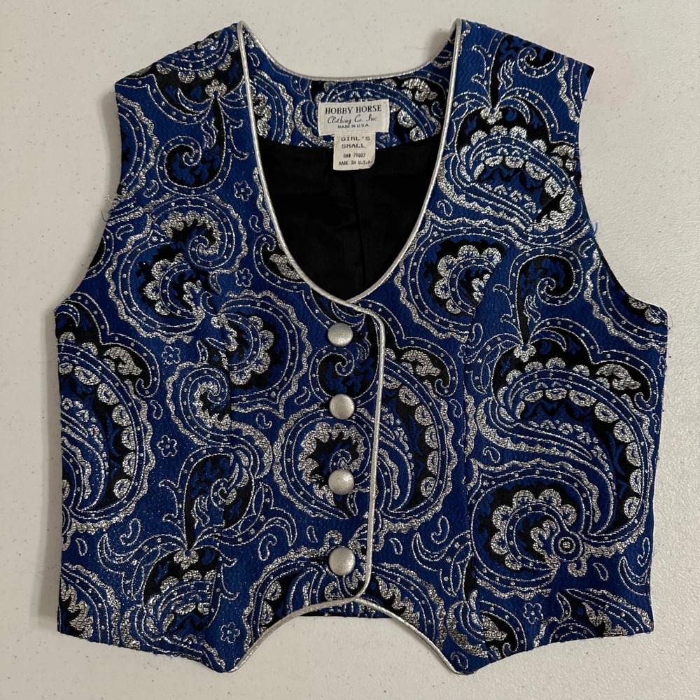 Vintage Hobby Horse Girls S Western Horse Show Vest Blue Paisley Metallic USA